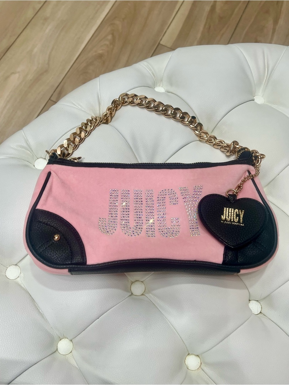 Juicy Couture Pink and Black Rhinestone Logo Mini Shoulder Bag with Gold Chain